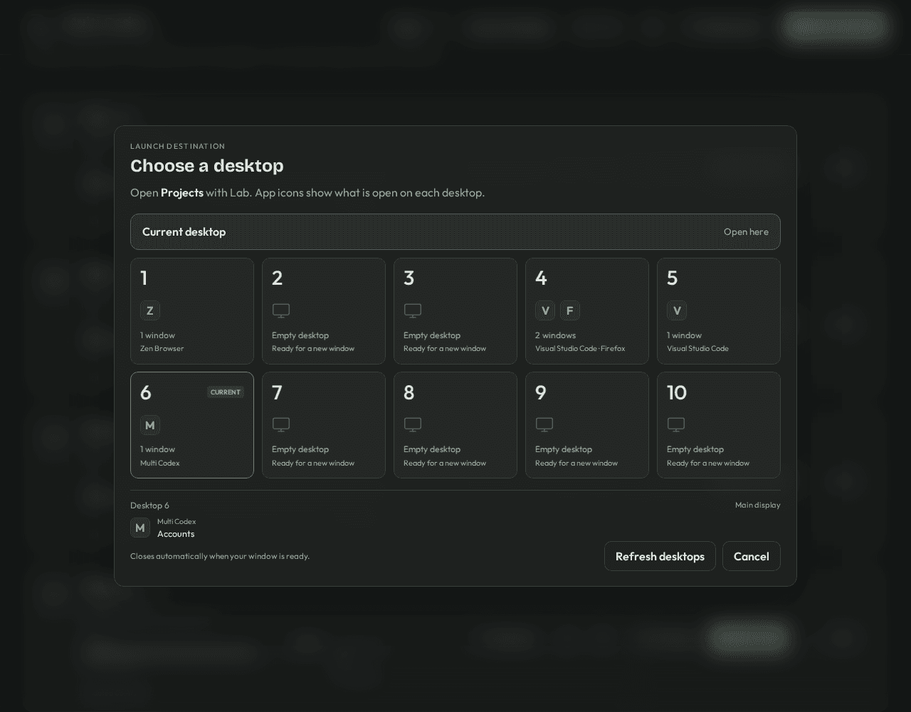 Multi Codex Linux desktop selection interface
