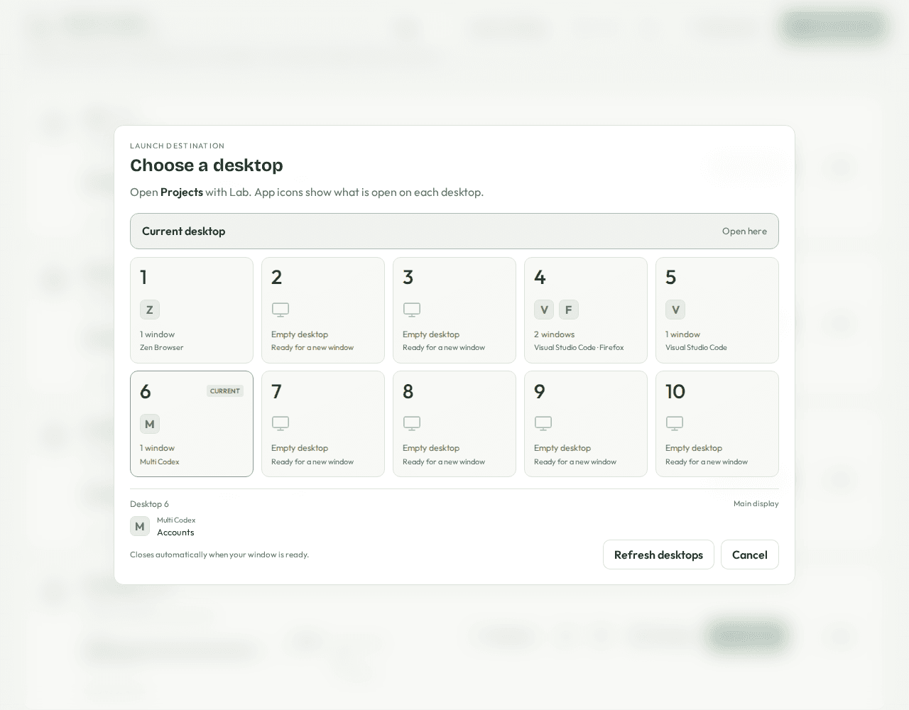 Multi Codex Linux desktop selection interface